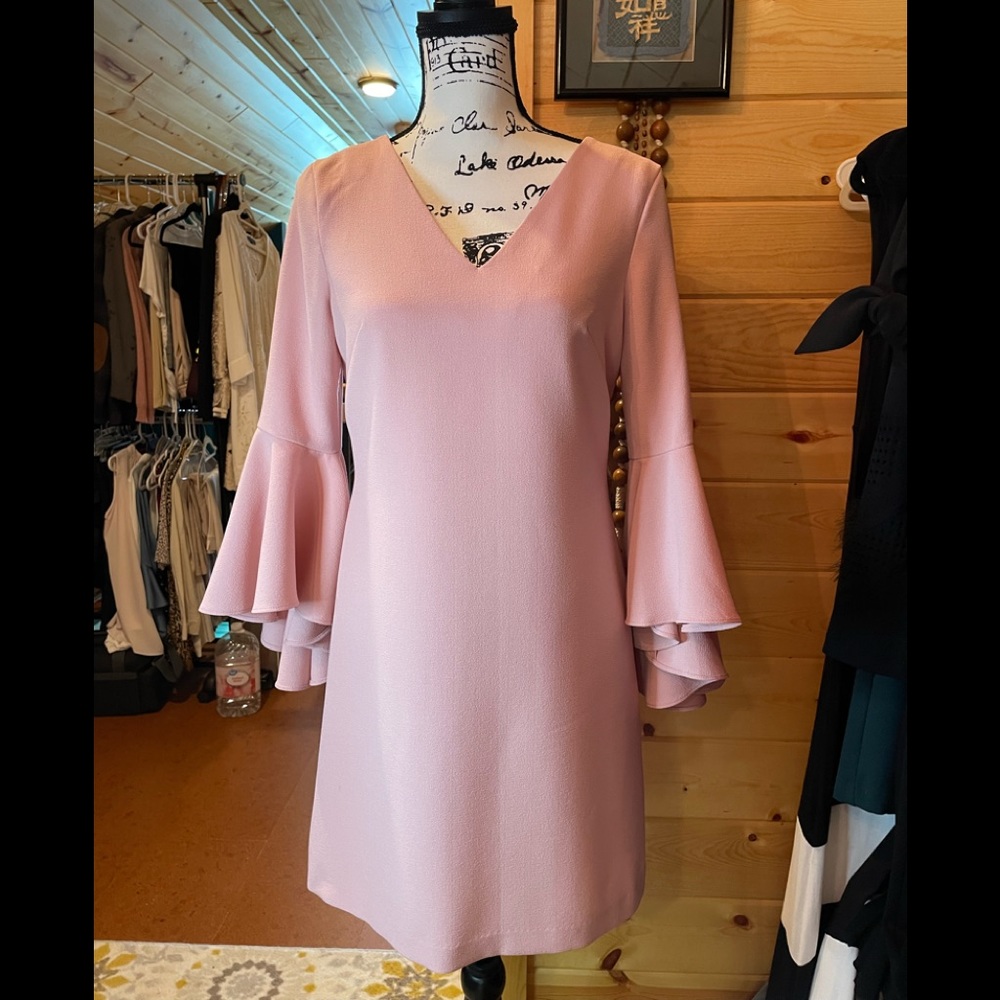 Short, pink dress with fun sleeves!